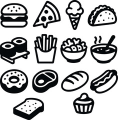 food icon collection including hamburger, taco, soup, bread, steak, donut, cupcake, and fries in fun cartoon style for menu and cooking visuals.
