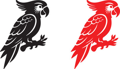 parrot, vector, bird, silhouette, design, illustration, graphic, art, animal, tropical, wildlife, feather, wing, beak, claw, black, red, white, isolated, logo, icon, 