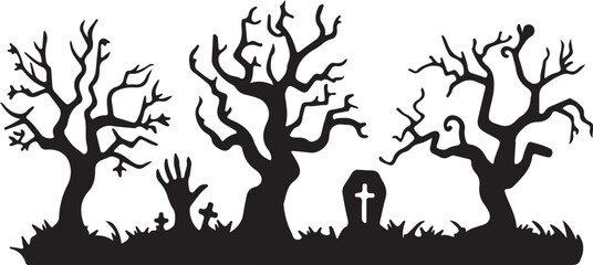 halloween, spooky, silhouette, trees, bare, graveyard, cemetery, tombstones, cross, hand, zombie hand, grass, black, white, vector, 