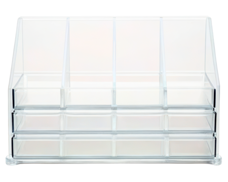 Clear acrylic organizer with multiple tiers for easy access on a transparent background
