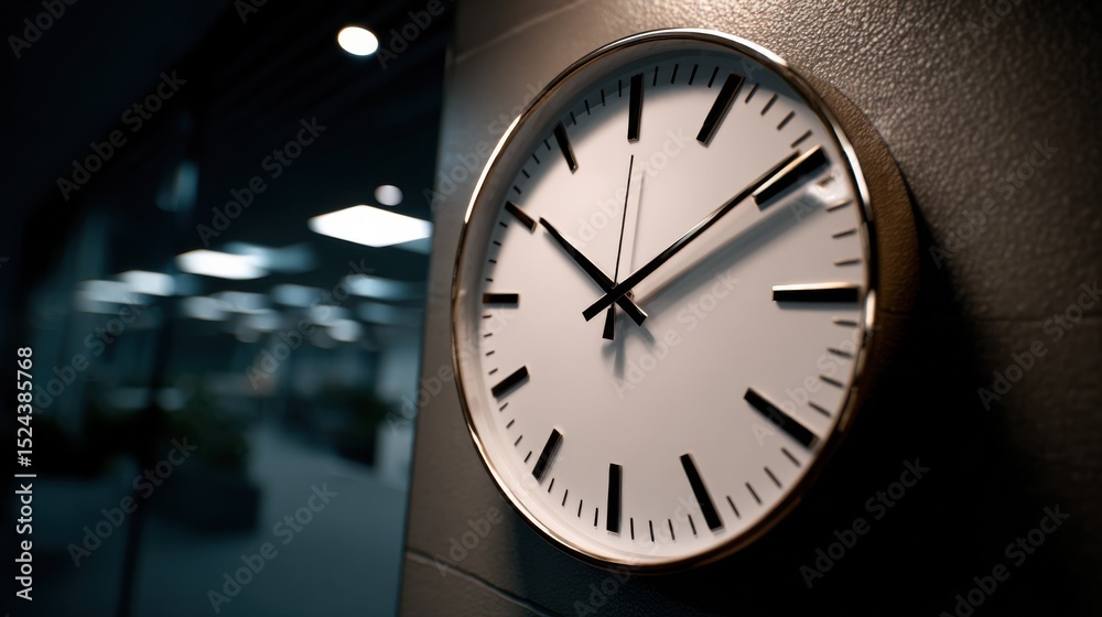 Poster wall clock in modern office setting, symbolizing time management and deadline urgency in corporate e