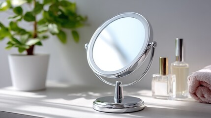 Modern Vanity Mirror and Perfume Bottles on White Table, Representing Self-Care and Beauty Routine : Generative AI