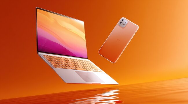 Laptop and Smartphone Floating in Orange Space, Showcasing Connectivity and Modern Technology for Digital Transformation and Innovation : Generative AI