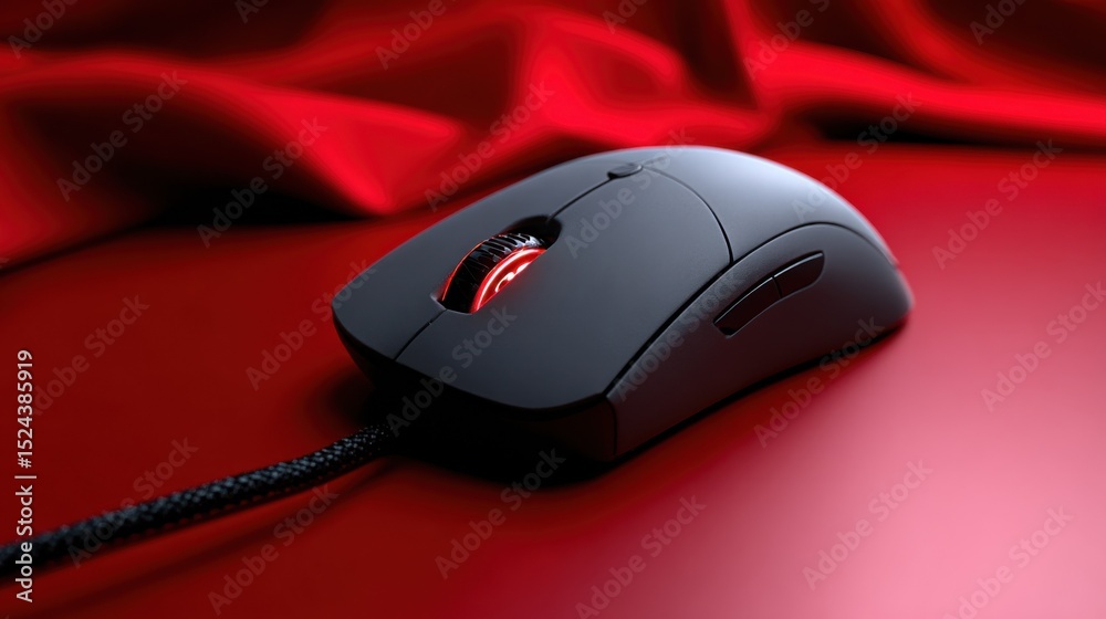 Poster close-up of a gaming mouse on red fabric, symbolizing esports competition and technological innovati