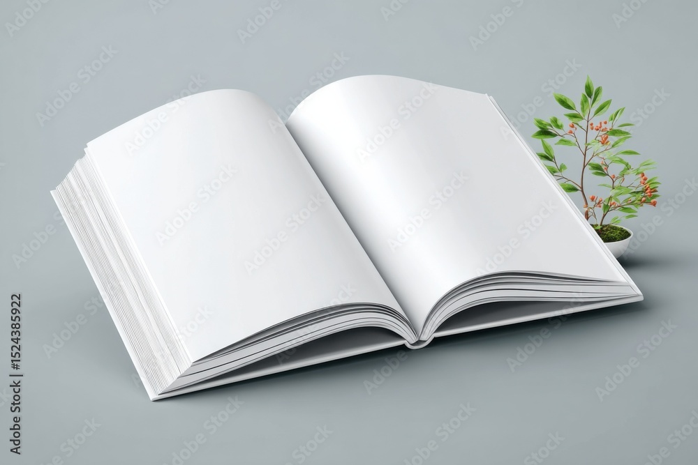 Poster open blank book with small plant on gray surface, ideal for creative writing and publishing concepts