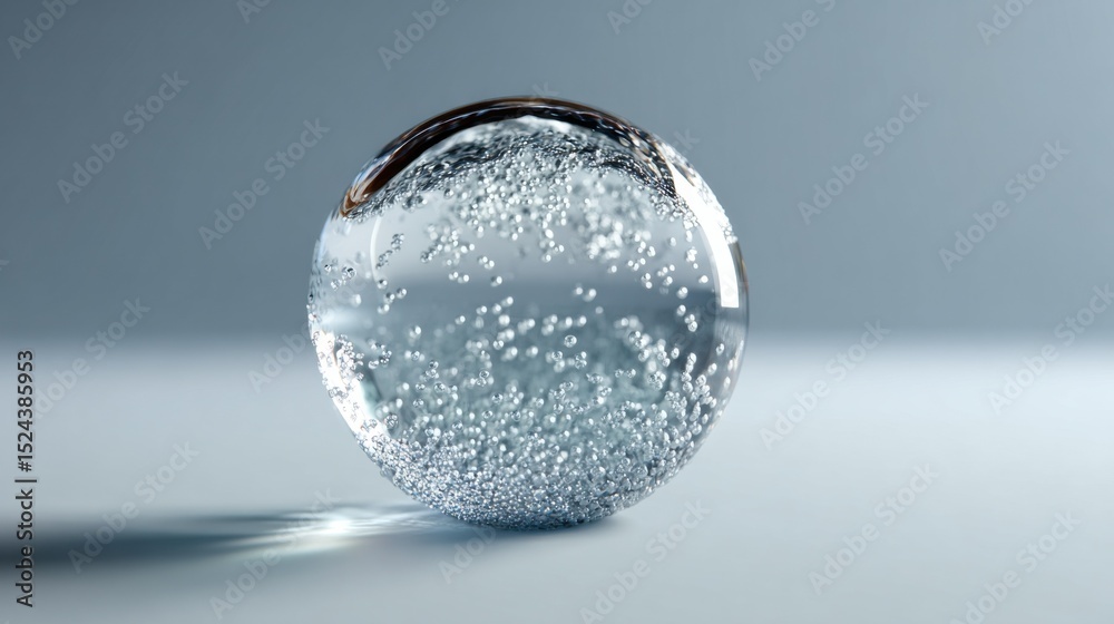 Poster water orb filled with bubbles on light surface, symbolizing clarity and purity in product design and