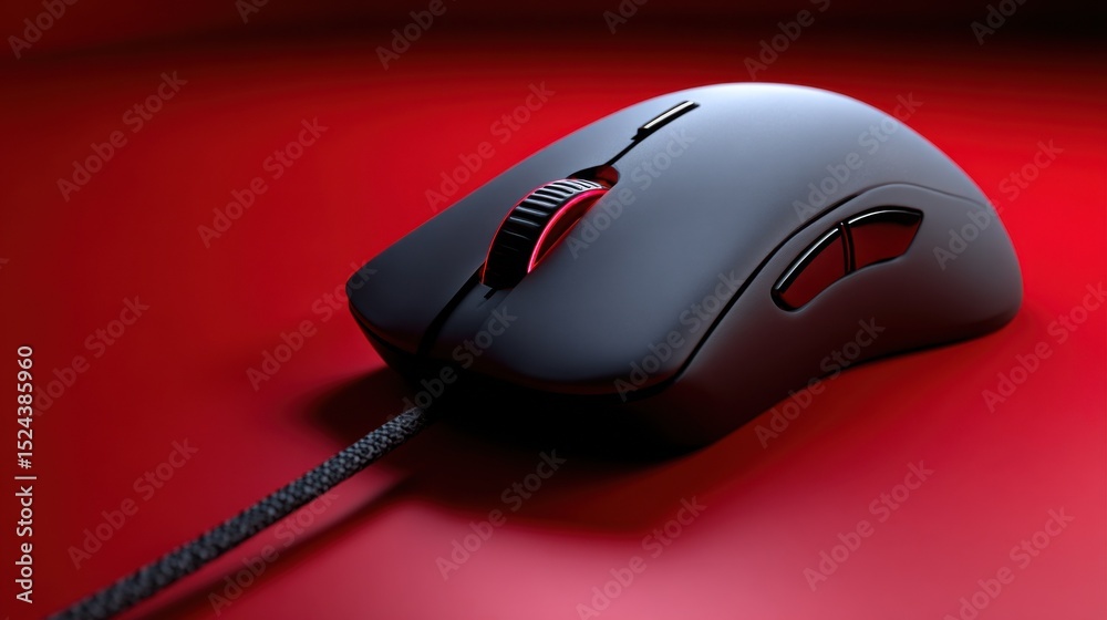 Poster black gaming mouse with red accents on a red surface, representing technology and digital entertainm