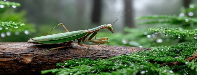 Green Asian stick insect perches on a tree branch in a tropical rainforest, illuminated by natural light from above