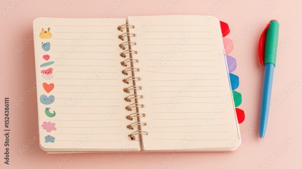 Poster open spiral notebook with stickers and pen on pink background, representing organization and creativ
