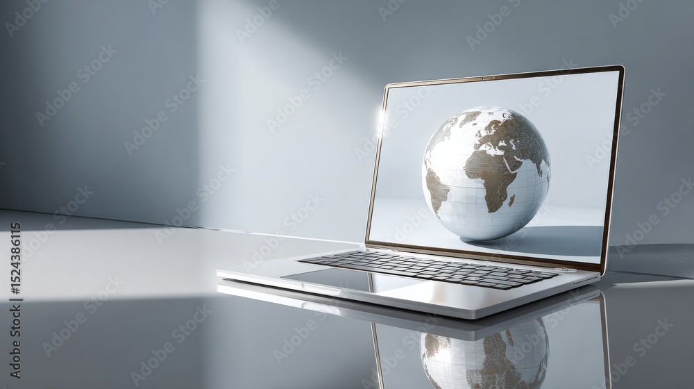 Poster Laptop Displaying Globe on Screen in Clean, Modern Setting, Symbolizing Global Business and International Communication : Generative AI