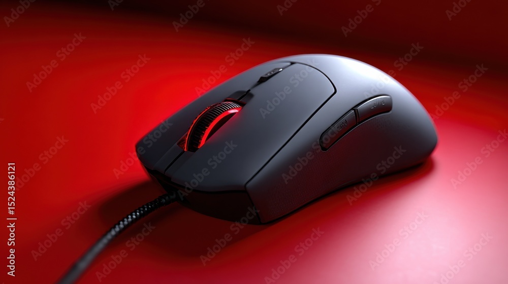 Aufkleber Gaming Mouse With Red Scroll Wheel on Red Surface, Symbolizing Digital Entertainment and Esports Competition, Ideal for Product Marketing : Generative AI