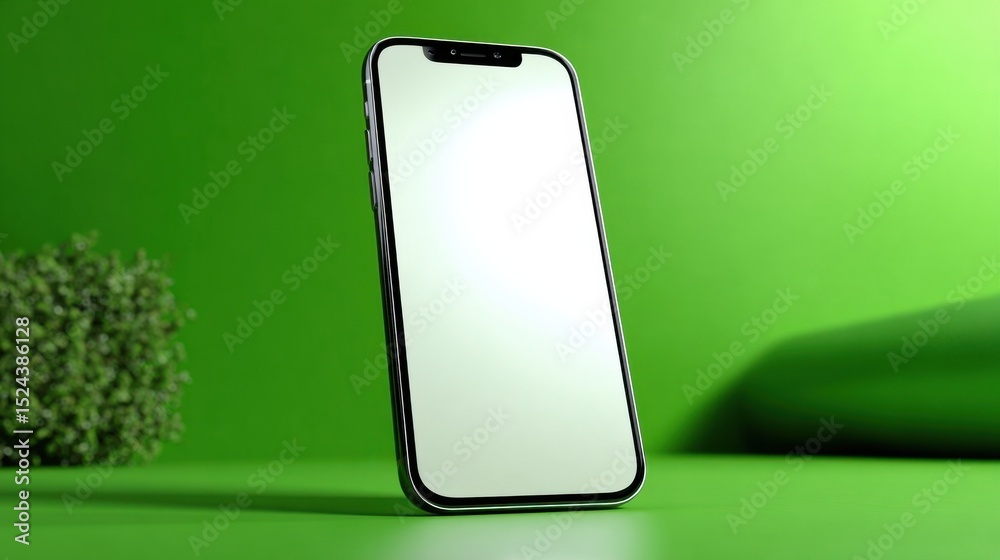 Poster smartphone with blank white screen on green background, ideal for mobile app advertising and product