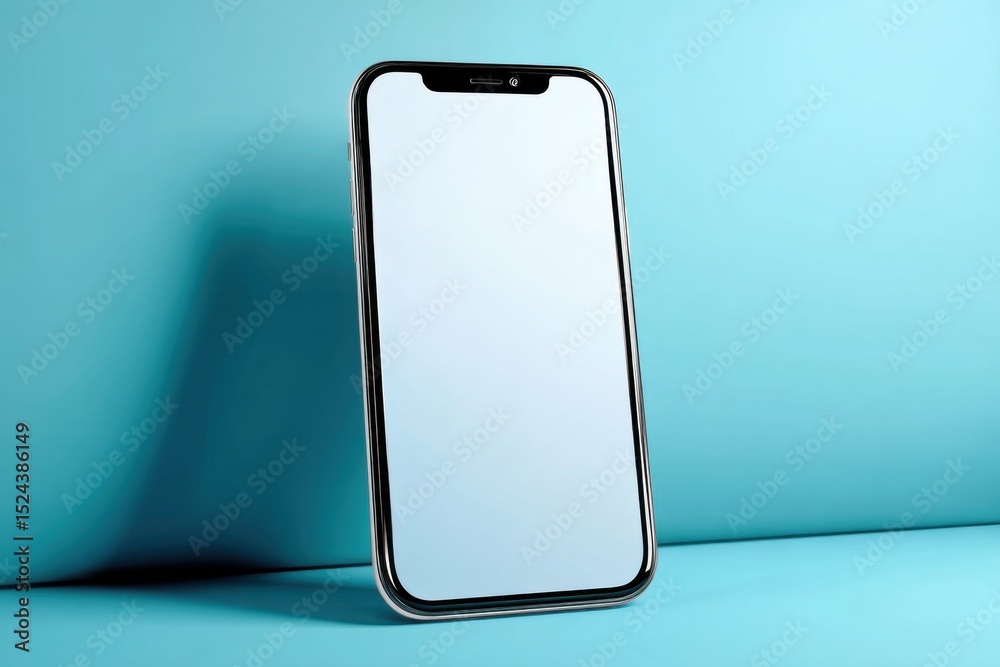 Poster smartphone with blank screen on turquoise background, ideal for mobile app advertising and digital c