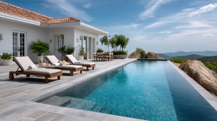 Fototapeta premium Relax on the terrace by the pool, overlooking the sea and mountains, with a stylish bungalow under a clear blue sky