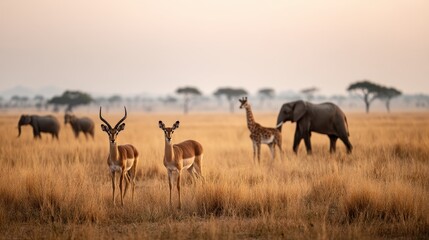 Herd of Zebras and Antelopes in Savanna