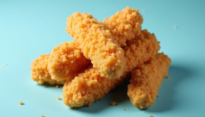 Stack chicken fingers in top view on blue background