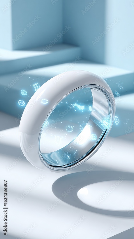 Poster smart ring displaying digital data on light blue background, representing wearable technology and pe