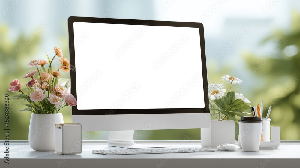 Aufkleber Modern Computer on Desk with Flowers, Representing Productivity and Digital Workspace Solutions for Remote Work and Online Learning : Generative AI