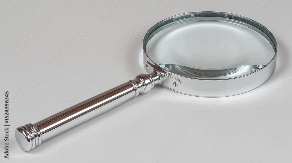 Poster chrome magnifying glass on white surface, symbolizing investigation and due diligence in business an