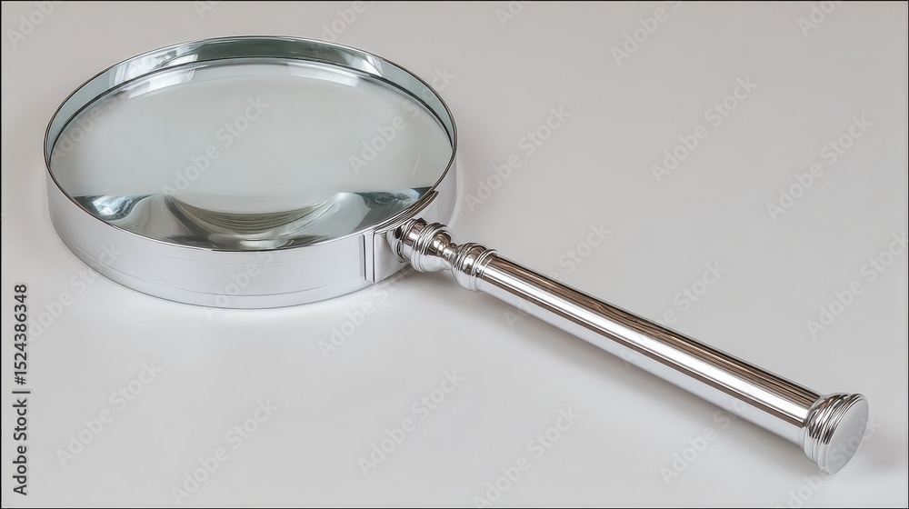 Poster magnifying glass with chrome finish on white surface, symbolizing investigation and detailed analysi