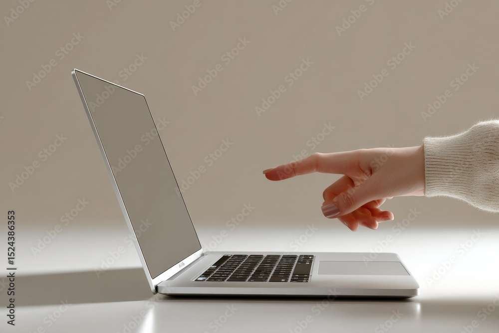 Aufkleber Finger Pointing at Laptop Screen in Minimalist Setting, Representing Digital Transformation and Modern Technology Use : Generative AI