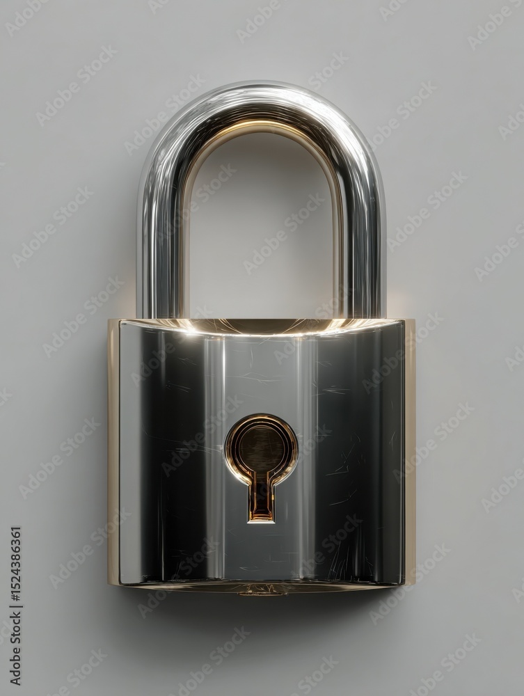 Poster shiny silver padlock with gold accents against gray backdrop, symbolizing data security and privacy 