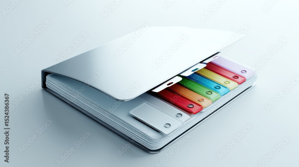 Aufkleber Open File Folder With Colorful Dividers on White Surface, Symbolizing Organization and Document Management for Business Efficiency : Generative AI