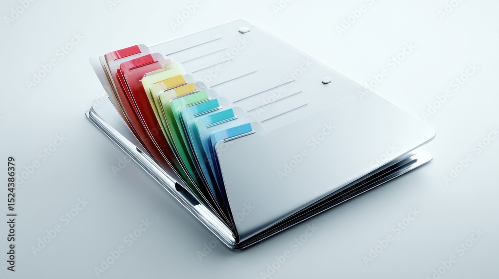 Poster colorful file folder organizer on white surface, representing business organization and document man