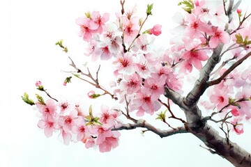 Beautiful cherry blossom branch in full bloom against a light background showcasing soft pink and white flowers