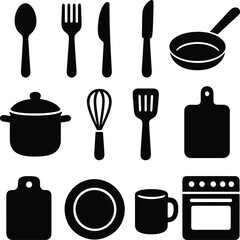 black kitchen utensils icon set including spoon, fork, pan, mug, cutting board, oven, plate, whisk, spatula and pot in simple vector style.
