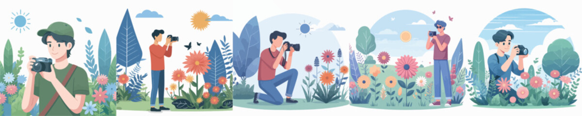 male character vector photographing flower garden