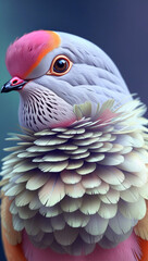 Fototapeta premium A colorful bird with intricate feather patterns, featuring pink, gray, and beige hues, and a distinctive layered feather collar around its neck.