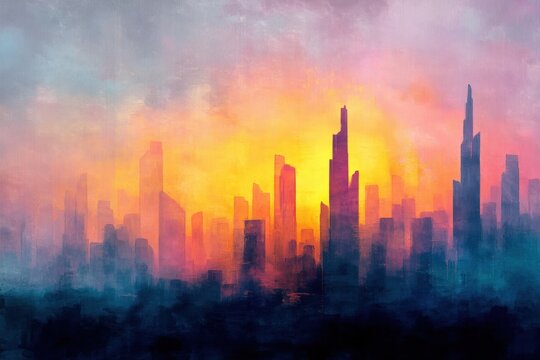 Colorful skyline backdrop at sunset with tall buildings silhouetted against vibrant hues of orange and purple