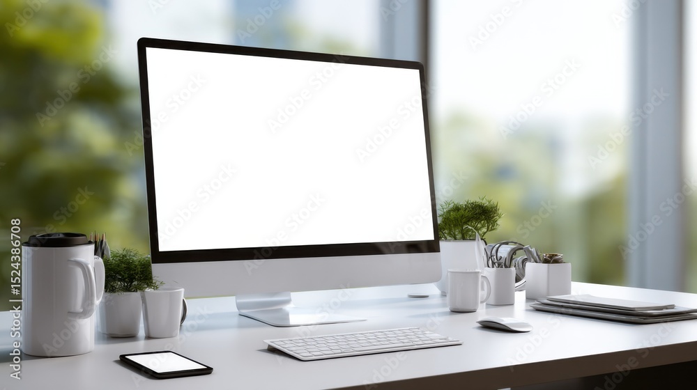 Poster Modern Computer on Desk with Blank White Screen, Showcasing Digital Workspace and Productivity Solutions for Remote Work and Online Learning : Generative AI
