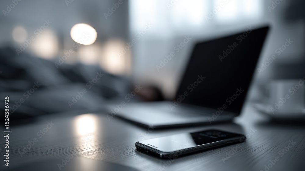Poster Laptop and Smartphone on Desk in Dim Light, Representing Remote Work Productivity and Digital Communication : Generative AI