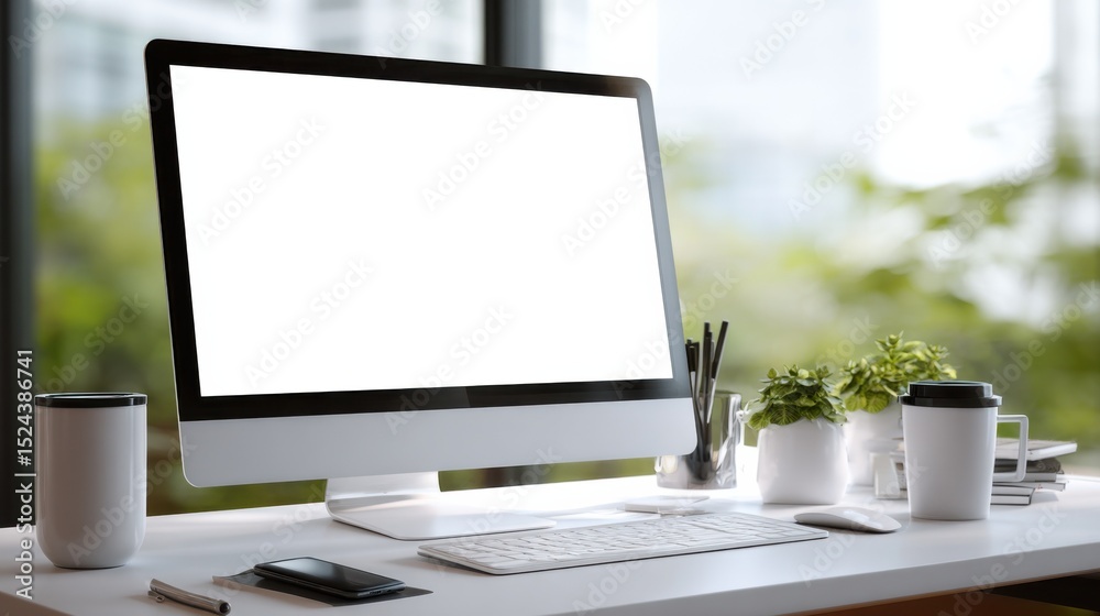 Leinwandbilder Modern Computer on a White Desk With Office Supplies, Representing Productivity and Digital Workspace Solutions for Remote Work and Online Learning, Mockup : Generative AI