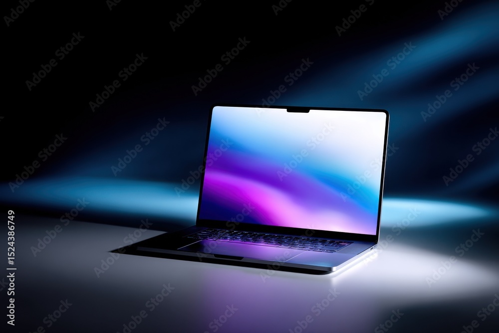 Poster Sleek Laptop Displaying Abstract Colors on a Desk, Symbolizing Innovation and Digital Transformation in Modern Technology and Communication : Generative AI