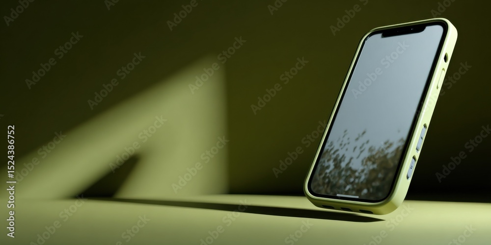Poster smartphone mockup with yellow case on green background, showcasing mobile technology and digital com
