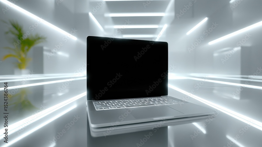 Poster laptop computer in futuristic white room with neon lights, representing digital transformation and m