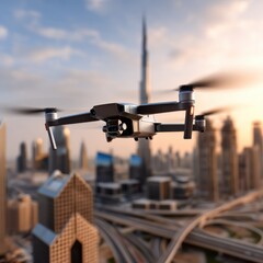 Drone Flying Over Dubai Skyline at Sunset, Showcasing Technological Innovation and Modern Infrastructure for Urban Planning : Generative AI