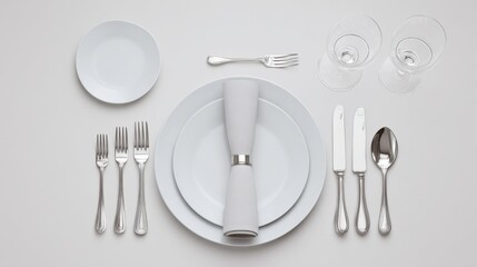 Elegant Table Setting With White Plates and Silverware, Ideal for Restaurant Promotion and Culinary Excellence, Showcasing Hospitality and Fine Dining : Generative AI
