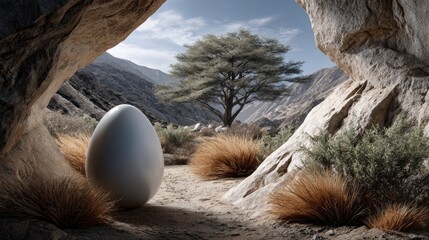 An ancient tree emerges from a giant egg, surrounded by a mystic landscape filled with intricate foliage and ethereal light