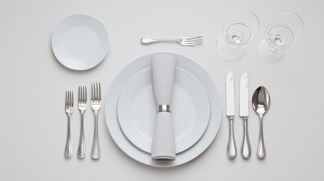 Elegant Table Setting With White Plates and Silverware, Ideal for Restaurant Promotion and Culinary Excellence, Showcasing Hospitality and Fine Dining : Generative AI
