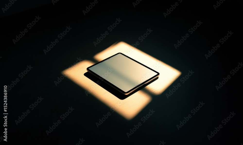 Poster tablet device lit by window light on wooden surface, representing digital connectivity and modern te