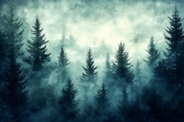 A misty enchanted forest with dark pine trees fading into heavy fog, twilight atmosphere