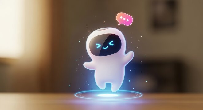 Cute ai avatar with speech bubble. Artificial intelligence assistant for futuristic business communication. Chatbot concept render.