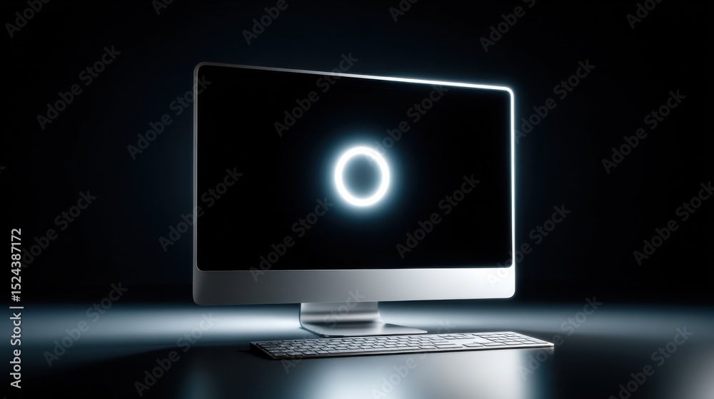 Poster Modern Computer Display With Glowing Circle on Dark Background, Representing Innovation and Digital Workspace Solutions for Business and Technology : Generative AI