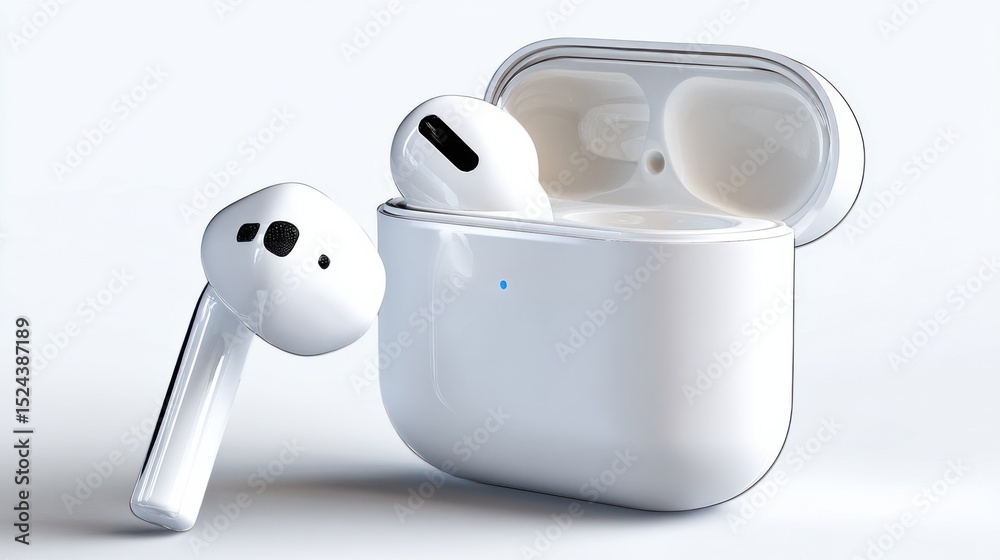 Poster wireless earbuds and charging case on white surface, representing modern communication and technolog