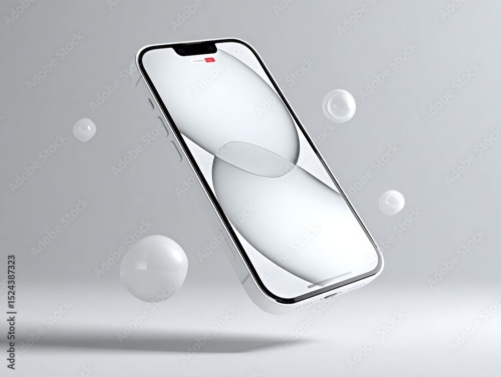 Poster floating smartphone mockup with spheres, ideal for tech product presentation and modern communicatio
