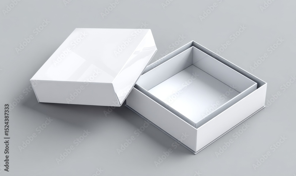 Poster open white box on gray surface, ideal for product presentation mockup and unboxing experience : gene